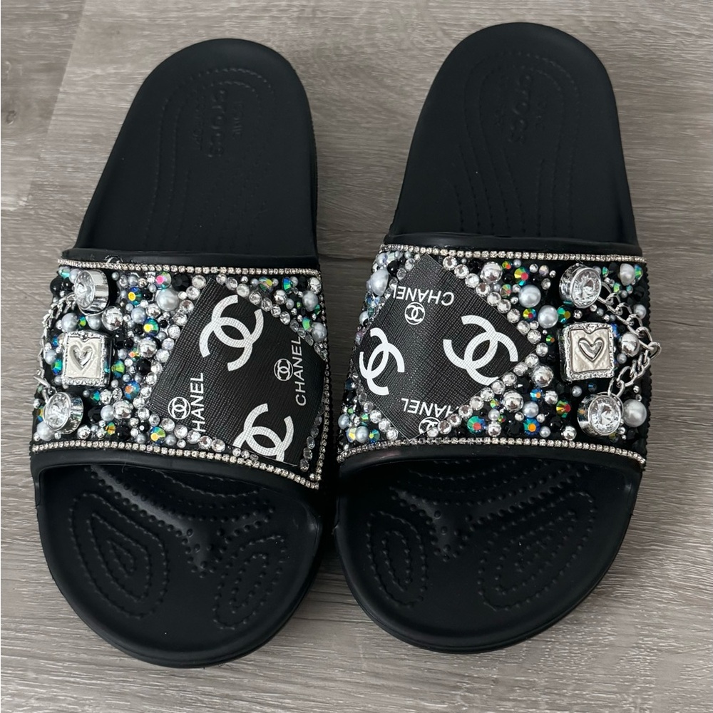 CROCS  customized Chanel Black Sole Sandals with bling